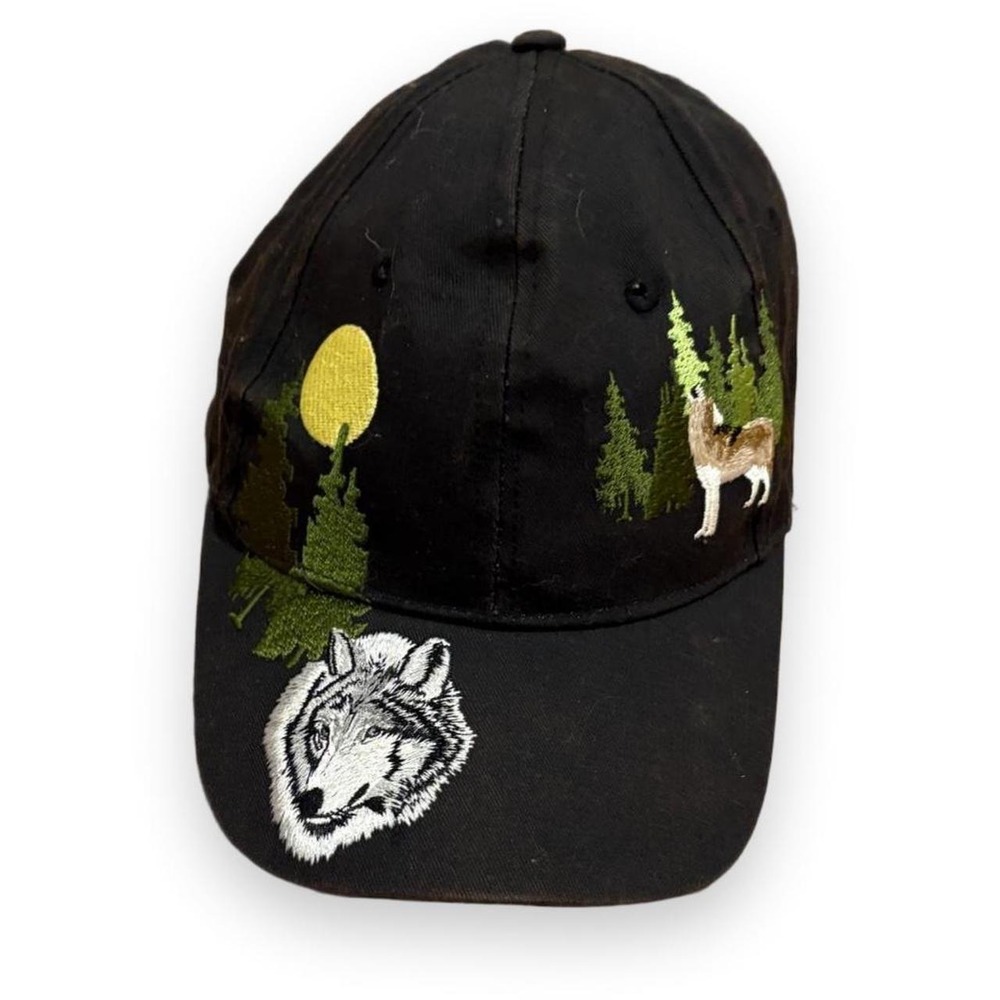 Vintage Black Wolf Forest Embroidered Baseball Hat Mens Nature Gorpcore Cap